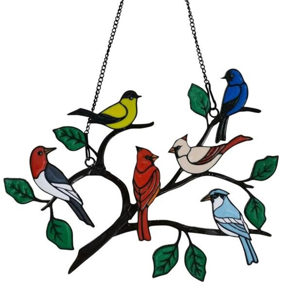 Six Birds Cardinal Gifts Stained Metal Window Hangings, Multicolor Bird On A - Picture 1 of 14